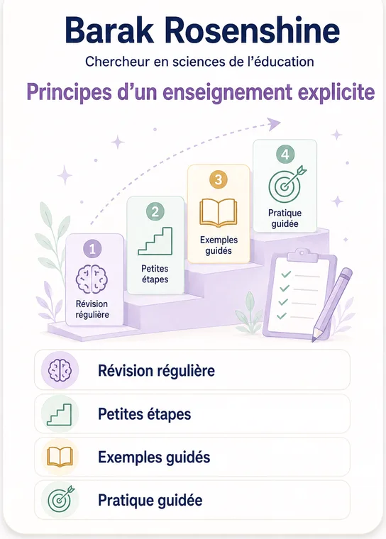 Barak Rosenshine — Principes d’un enseignement explicite : révision régulière, petites étapes, exemples guidés, pratique guidée